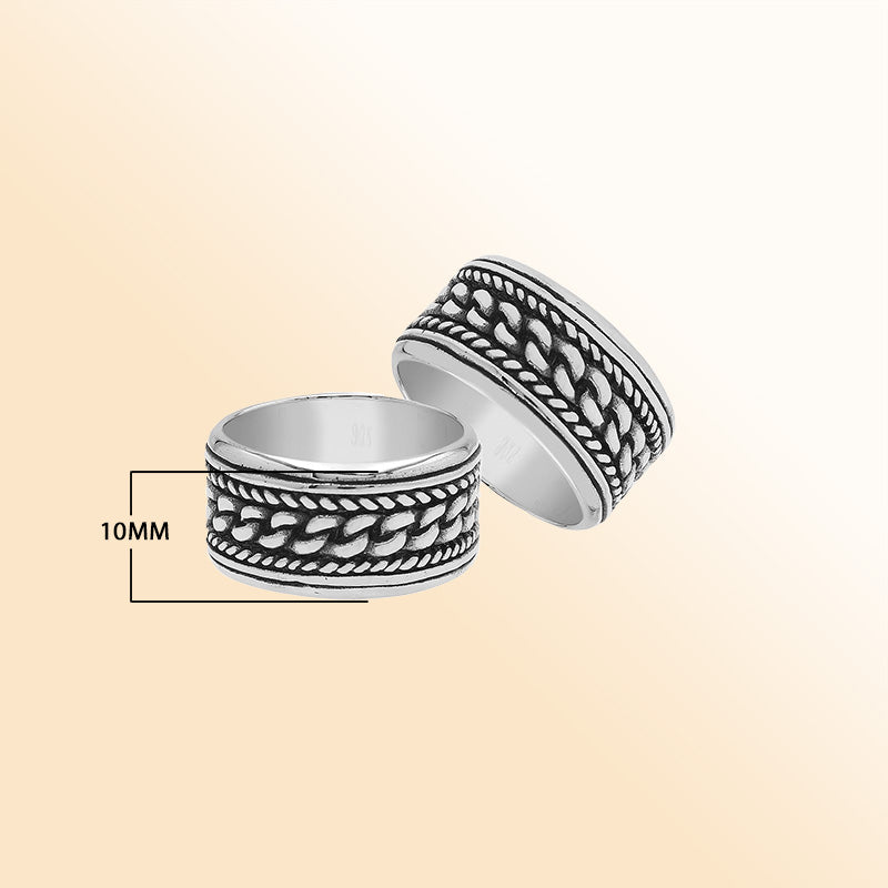 Sterling silver chain link wide band ring with oxidized details, unisex silver ring for men and women.