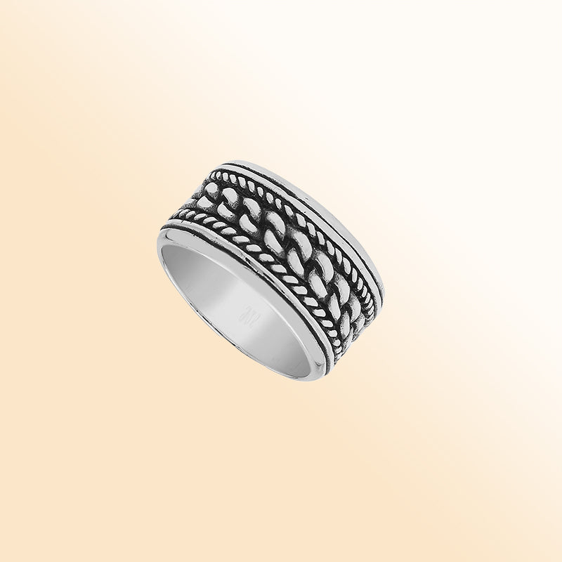 Sterling silver chain link wide band ring with oxidized details, unisex silver ring for men and women.