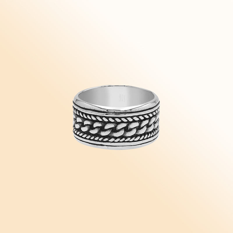 Sterling silver chain link wide band ring with oxidized details, unisex silver ring for men and women.
