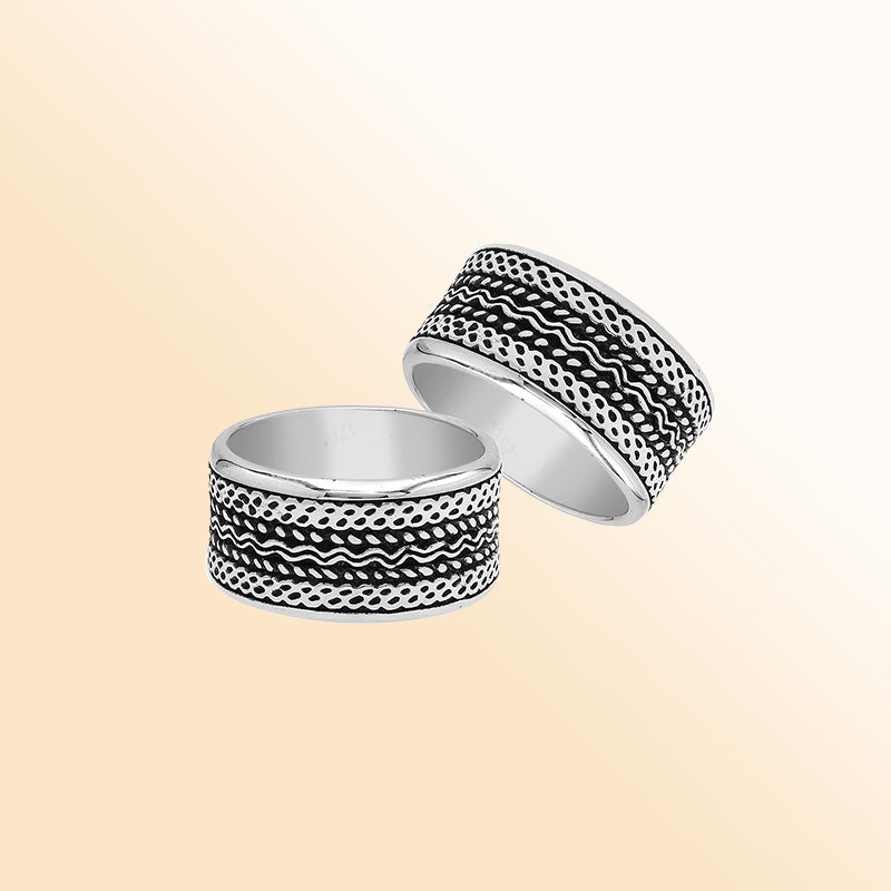Sterling silver patterned wide band ring with oxidized details, unisex artisan silver ring for men and women.