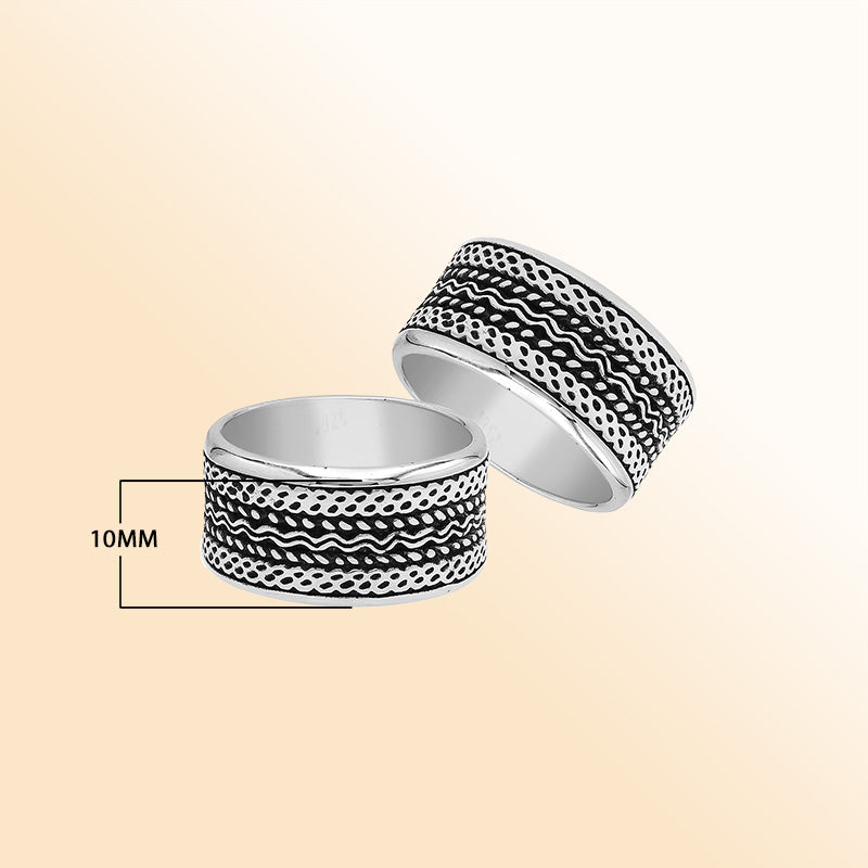 Sterling silver patterned wide band ring with oxidized details, unisex artisan silver ring for men and women.