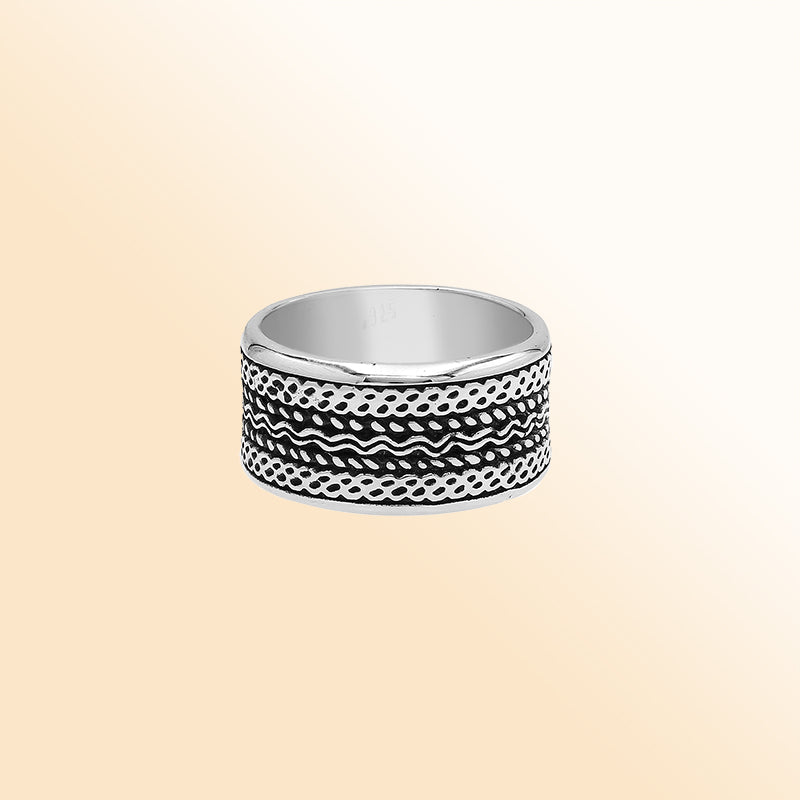 Sterling silver patterned wide band ring with oxidized details, unisex artisan silver ring for men and women.