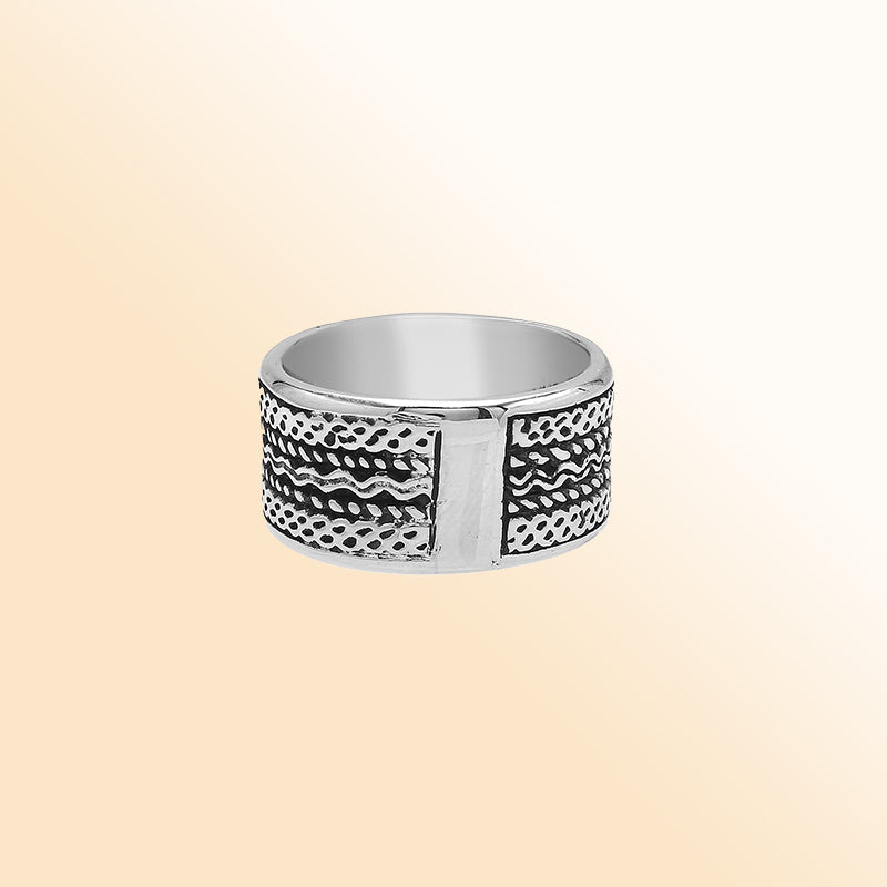 Sterling silver patterned wide band ring with oxidized details, unisex artisan silver ring for men and women.