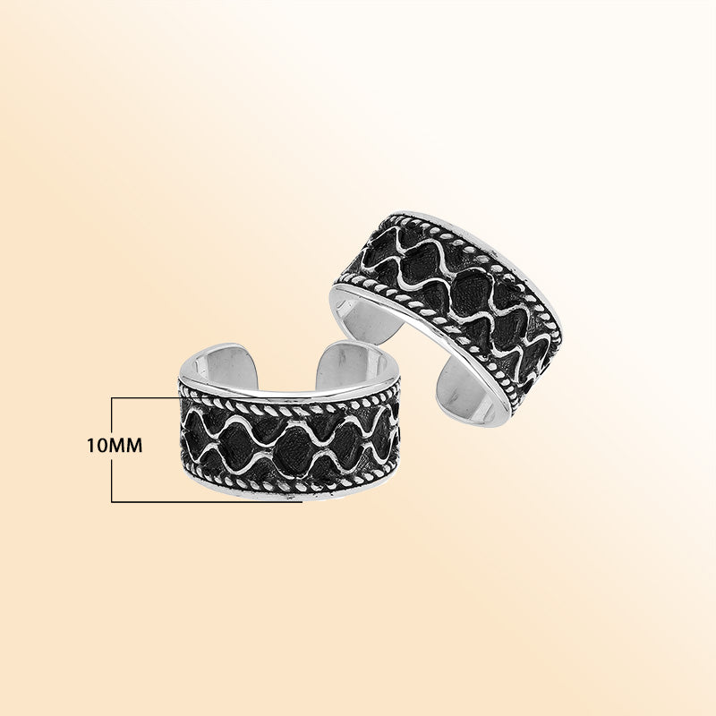 Sterling silver adjustable wide band ring with wavy oxidized pattern, unisex artisan silver ring for men and women.