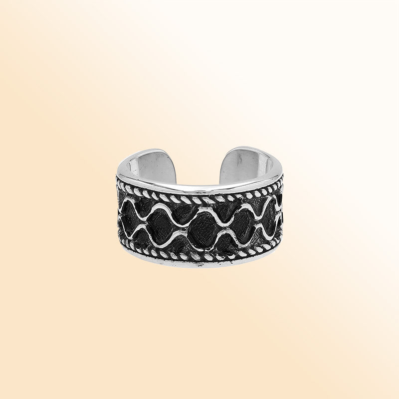 Sterling silver adjustable wide band ring with wavy oxidized pattern, unisex artisan silver ring for men and women.
