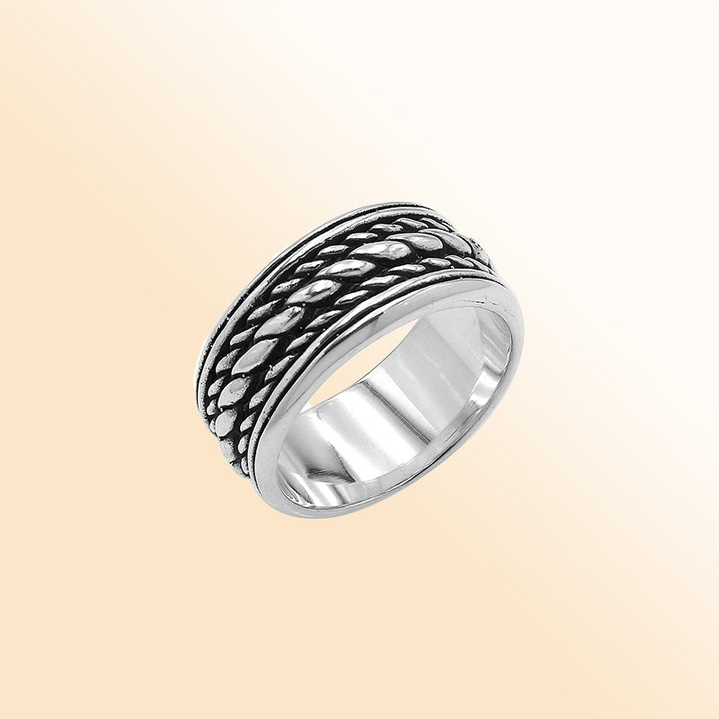 Men’s sterling silver rope band ring with oxidized wide design, unisex 925 silver ring for everyday wear and timeless style.