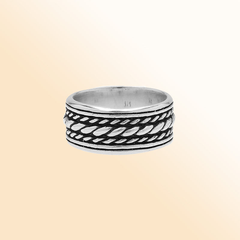 Men’s sterling silver rope band ring with oxidized wide design, unisex 925 silver ring for everyday wear and timeless style.