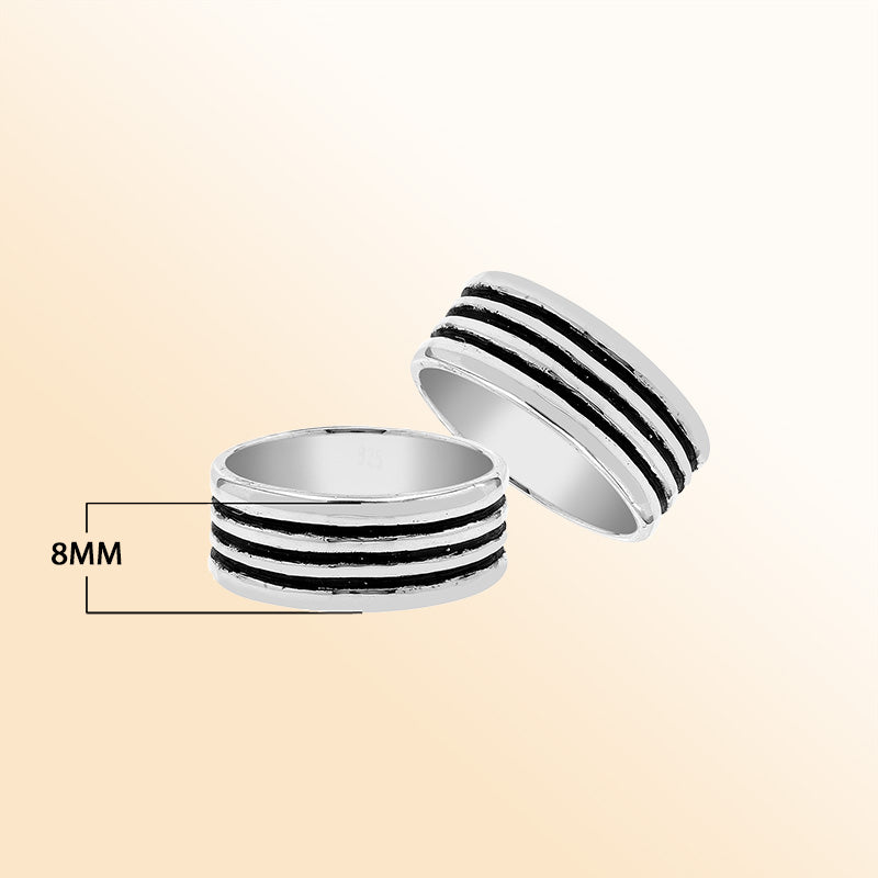 Sterling silver wide band ring with three oxidized black stripes, unisex design for men and women, handcrafted 925 silver fashion jewelry.