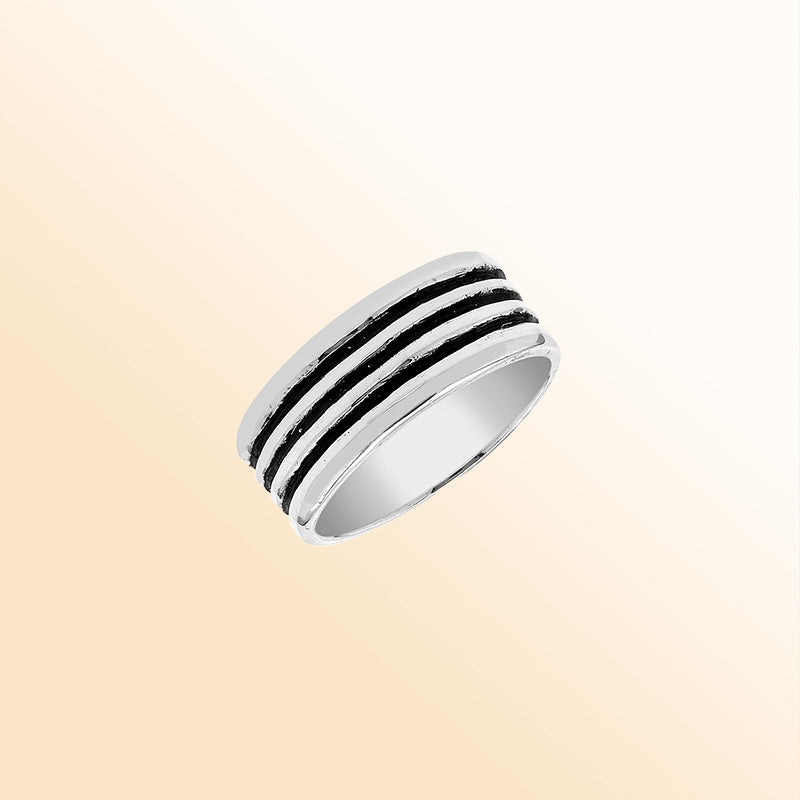 Sterling silver wide band ring with three oxidized black stripes, unisex design for men and women, handcrafted 925 silver fashion jewelry.