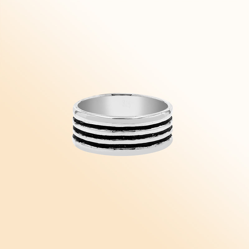 Sterling silver wide band ring with three oxidized black stripes, unisex design for men and women, handcrafted 925 silver fashion jewelry.