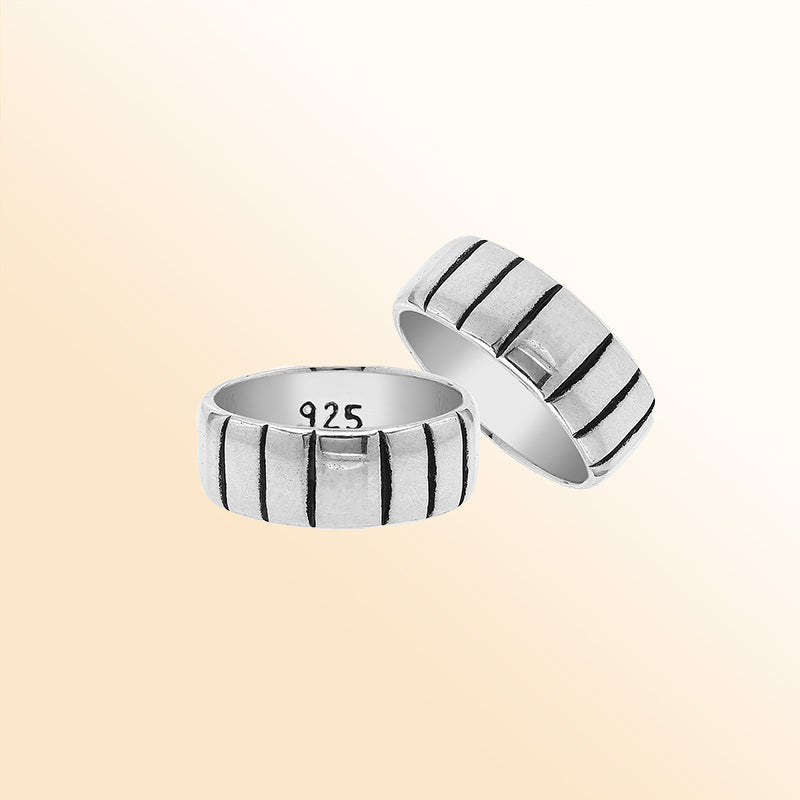 Sterling silver wide band ring with vertical oxidized stripes, unisex 925 silver jewelry for men and women, handcrafted modern fashion ring.