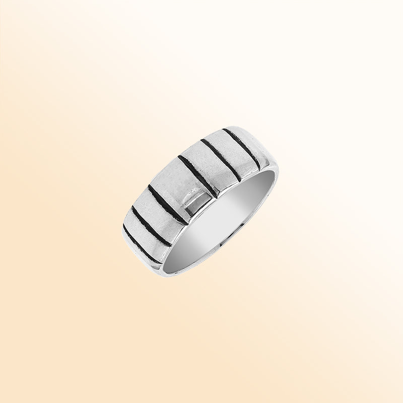Sterling silver wide band ring with vertical oxidized stripes, unisex 925 silver jewelry for men and women, handcrafted modern fashion ring.