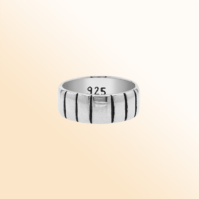 Sterling silver wide band ring with vertical oxidized stripes, unisex 925 silver jewelry for men and women, handcrafted modern fashion ring.