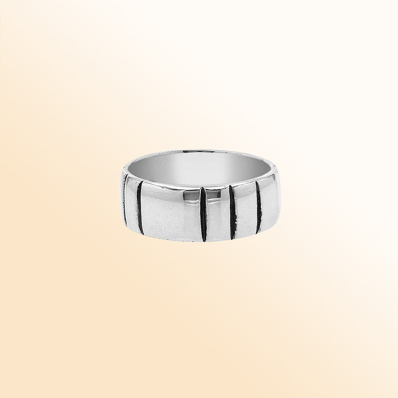 Sterling silver wide band ring with vertical oxidized stripes, unisex 925 silver jewelry for men and women, handcrafted modern fashion ring.