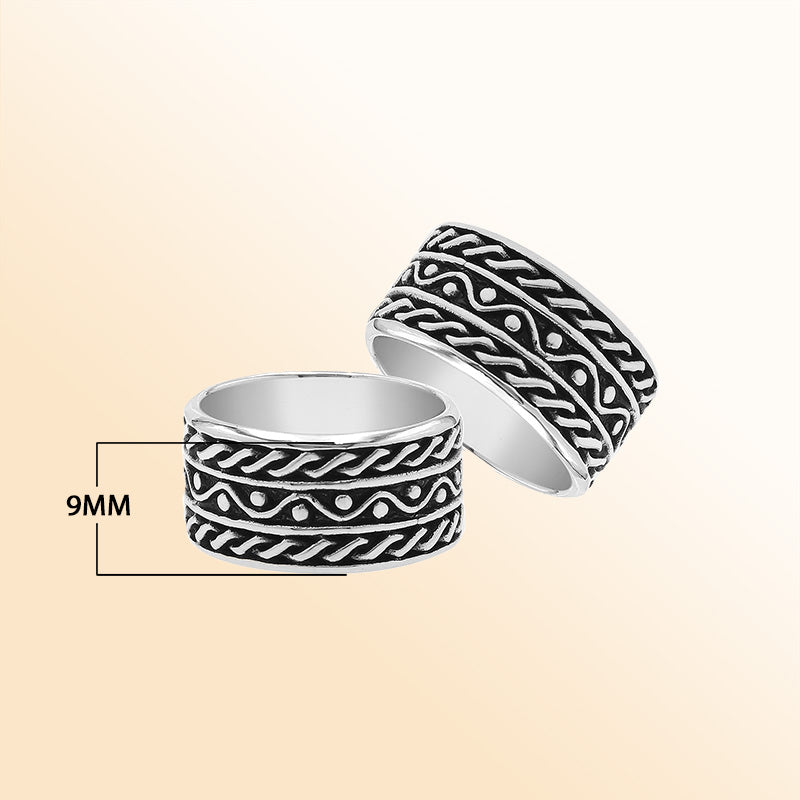 Sterling silver wide band ring with rope and dot oxidized details, handcrafted unisex 925 silver jewelry for men and women in boho style.