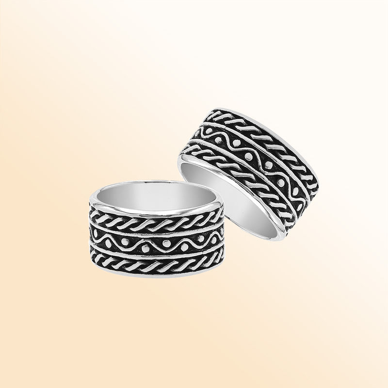 Sterling silver wide band ring with rope and dot oxidized details, handcrafted unisex 925 silver jewelry for men and women in boho style.
