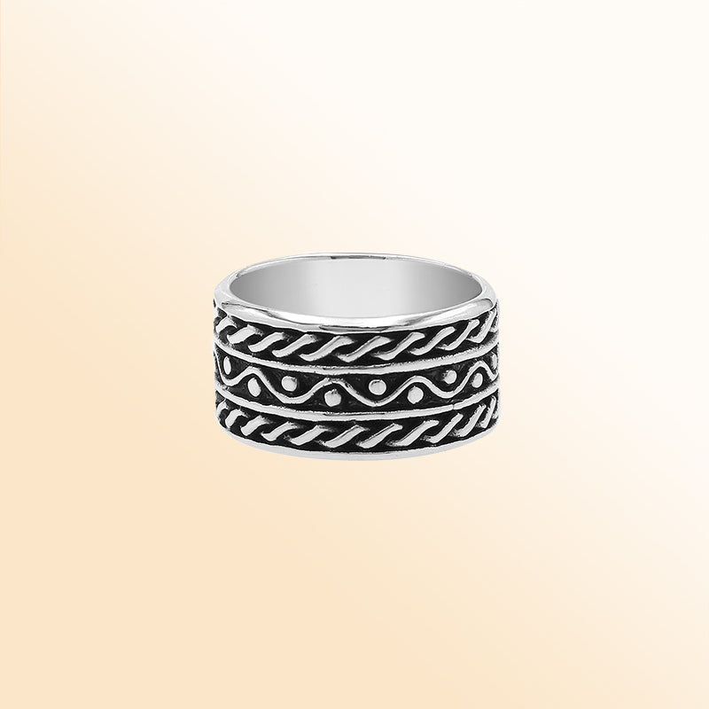 Sterling silver wide band ring with rope and dot oxidized details, handcrafted unisex 925 silver jewelry for men and women in boho style.