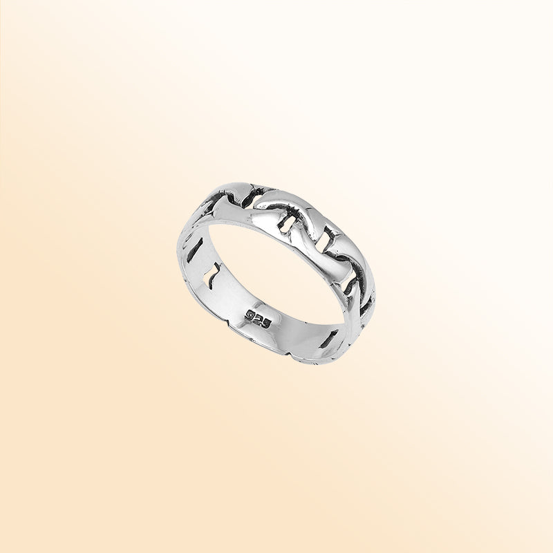 Sterling silver band ring with wavy oxidized pattern, handcrafted unisex 925 silver jewelry for men and women, perfect for everyday wear or gifting.