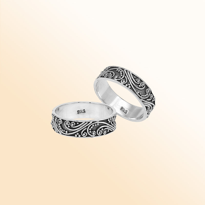 Sterling silver band ring with swirl and scroll oxidized design, handcrafted unisex 925 silver jewelry for men and women, perfect for daily wear or gifting.
