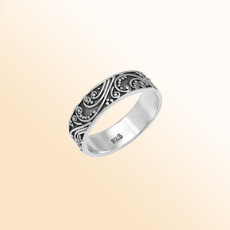 Sterling silver band ring with swirl and scroll oxidized design, handcrafted unisex 925 silver jewelry for men and women, perfect for daily wear or gifting.