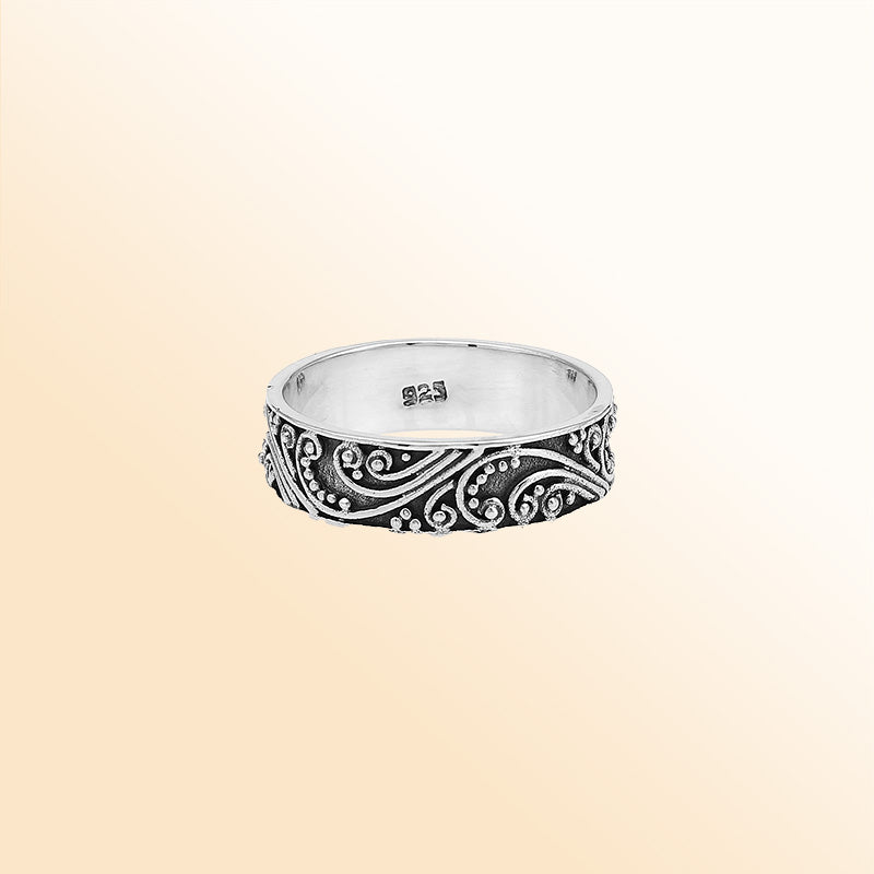 Sterling silver band ring with swirl and scroll oxidized design, handcrafted unisex 925 silver jewelry for men and women, perfect for daily wear or gifting.