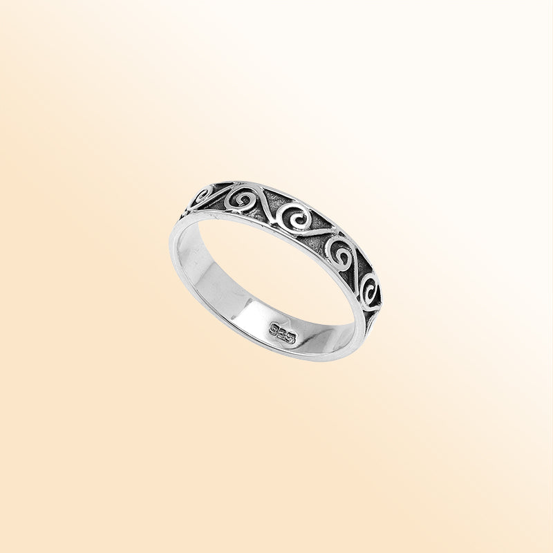 Sterling silver spiral scroll band ring, handcrafted Balinese jewelry for everyday wear or stacking style.