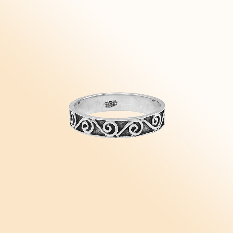 Sterling silver spiral scroll band ring, handcrafted Balinese jewelry for everyday wear or stacking style.
