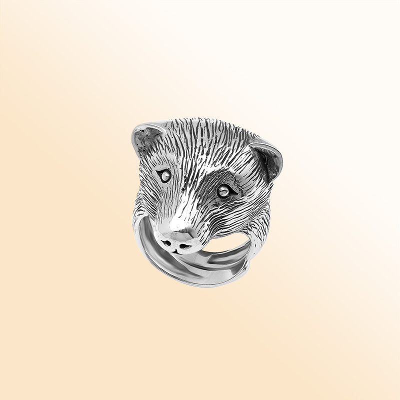 Sterling silver bear head ring with detailed 3D design, handcrafted men’s statement jewelry symbolizing strength and courage.