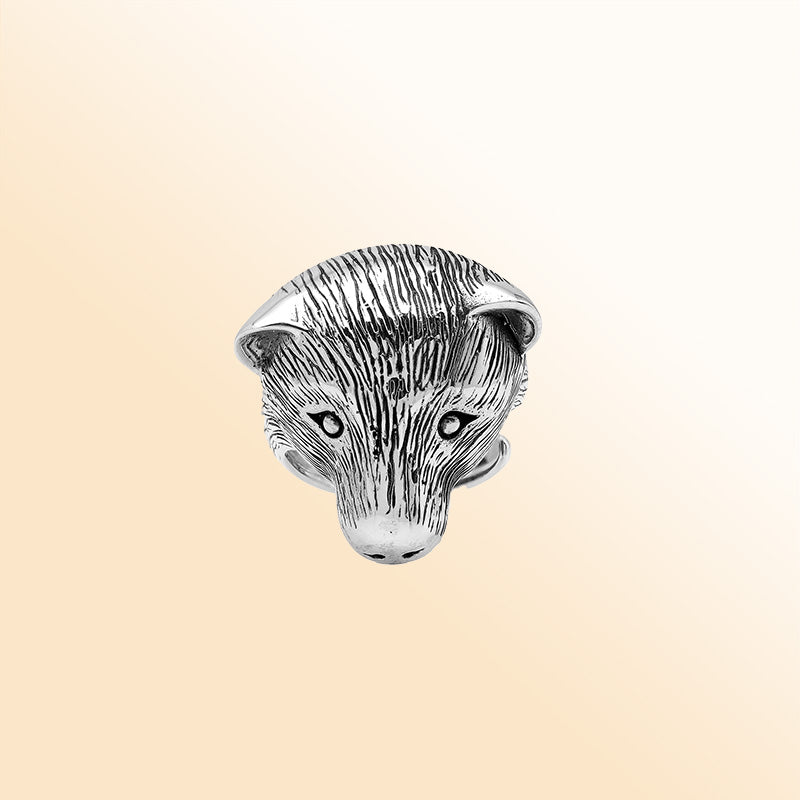 Sterling silver bear head ring with detailed 3D design, handcrafted men’s statement jewelry symbolizing strength and courage.