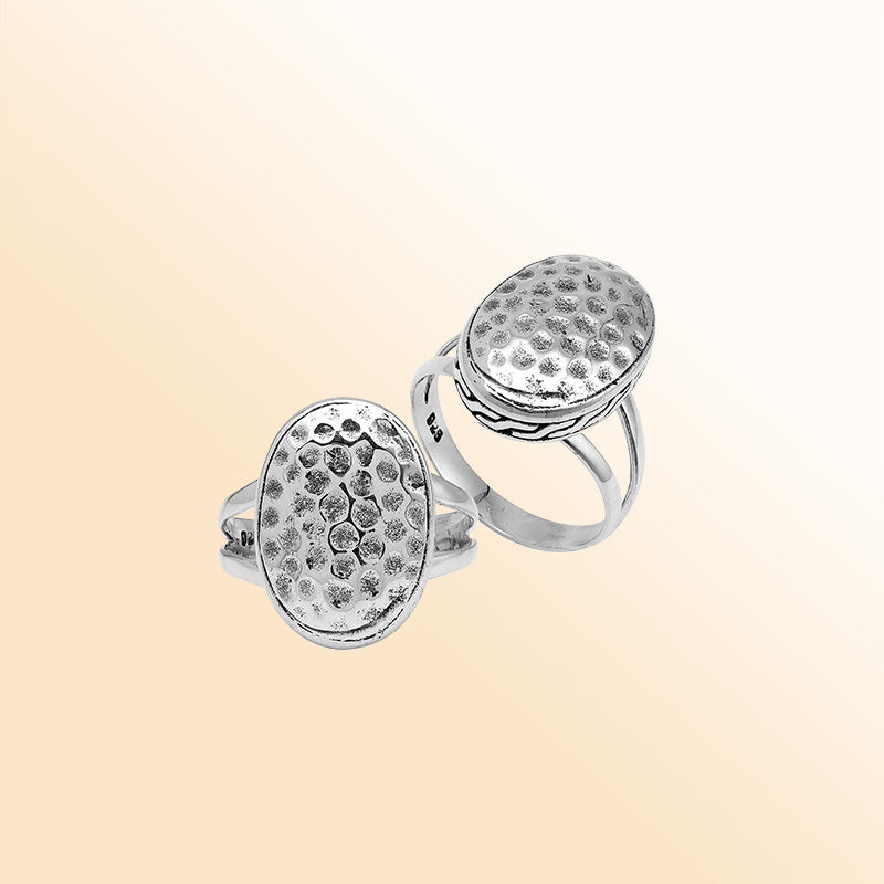 Sterling silver hammered oval statement ring, handcrafted Bali jewelry in 925 silver.