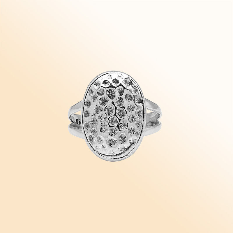 Sterling silver hammered oval statement ring, handcrafted Bali jewelry in 925 silver.