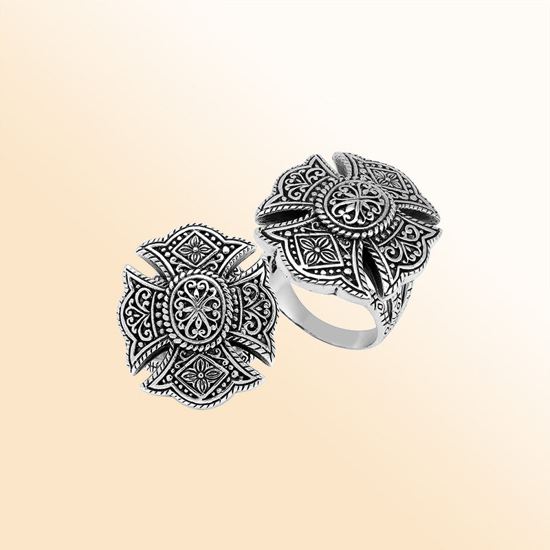 Handcrafted sterling silver statement ring with detailed Balinese floral mandala design and oxidized finish – unique boho vintage jewelry for women.