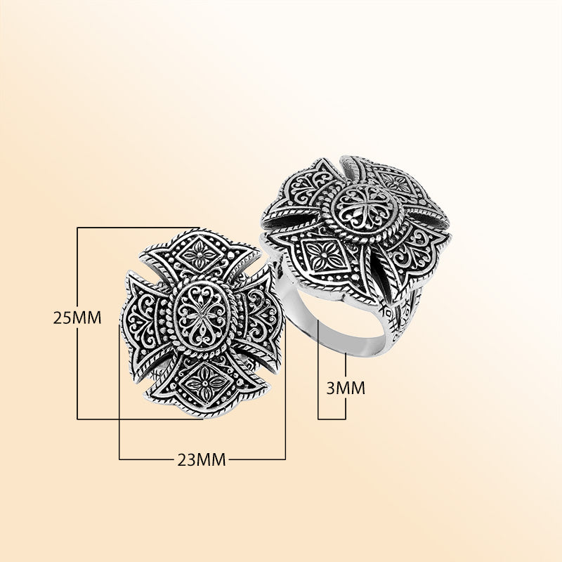 Handcrafted sterling silver statement ring with detailed Balinese floral mandala design and oxidized finish – unique boho vintage jewelry for women.