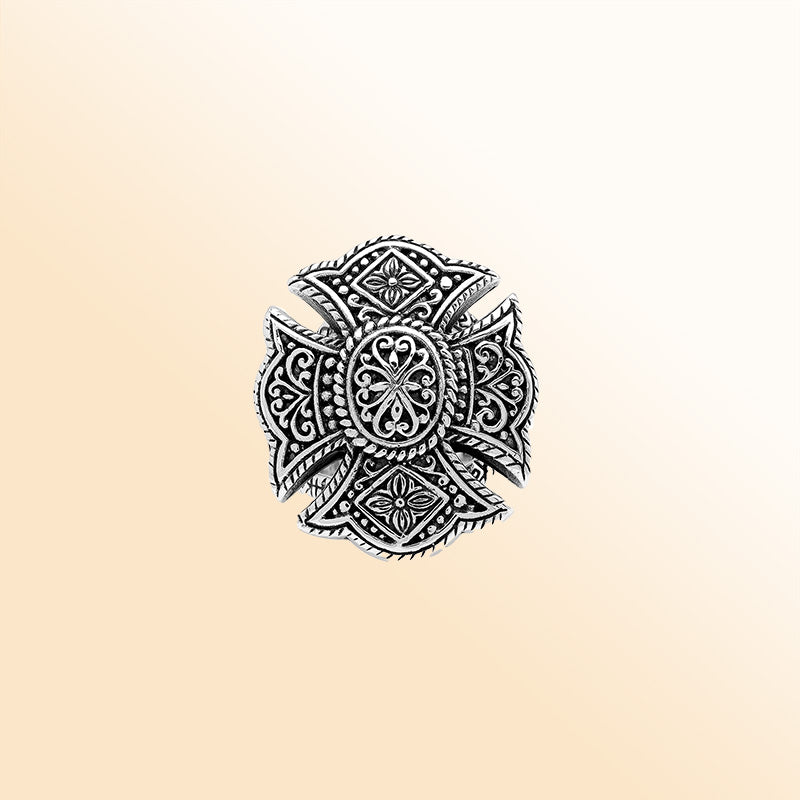 Handcrafted sterling silver statement ring with detailed Balinese floral mandala design and oxidized finish – unique boho vintage jewelry for women.