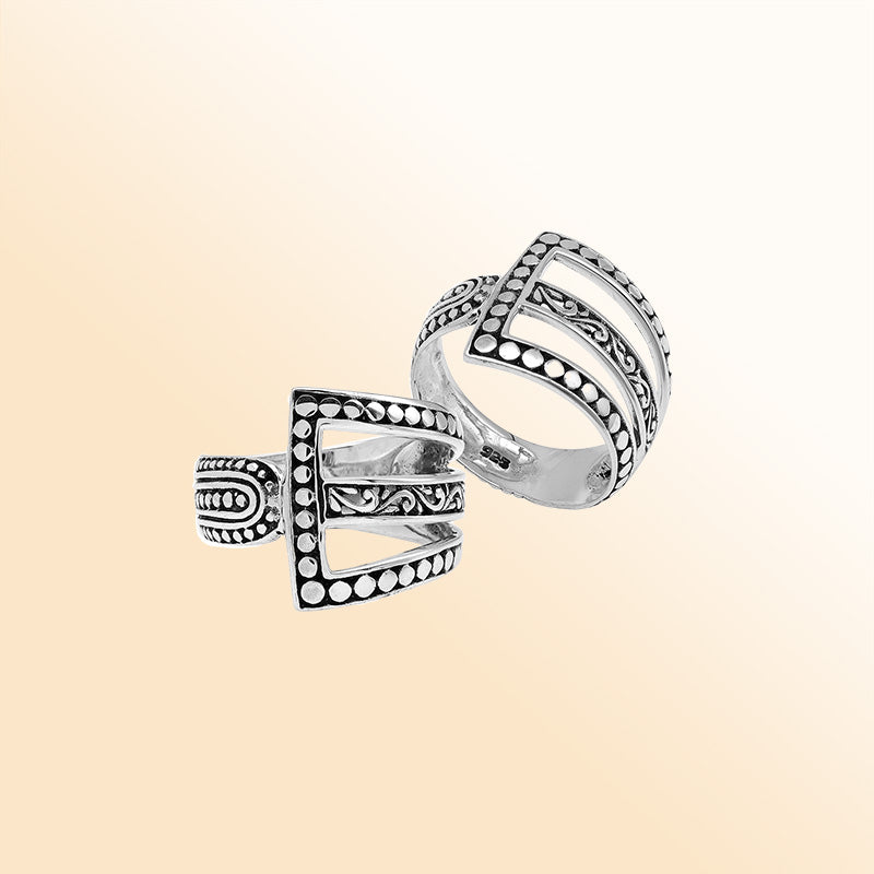 Handcrafted sterling silver geometric statement ring with openwork Balinese design and oxidized details – modern boho artisan jewelry for women.