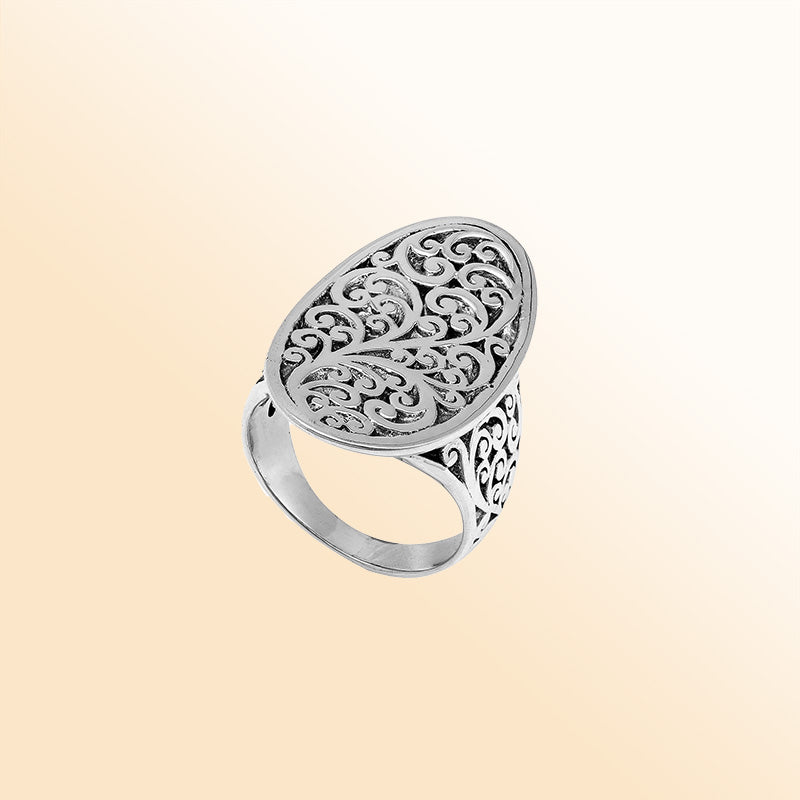 Handcrafted sterling silver oval filigree ring with intricate Balinese scrollwork and oxidized finish – elegant boho vintage jewelry for women.