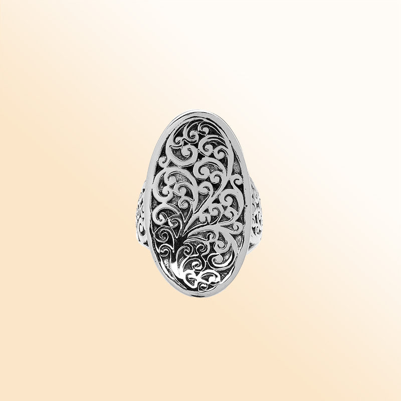 Handcrafted sterling silver oval filigree ring with intricate Balinese scrollwork and oxidized finish – elegant boho vintage jewelry for women.