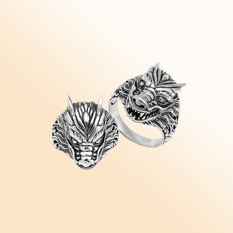 Handcrafted sterling silver dragon head statement ring with detailed Balinese carvings and oxidized finish – bold mythical artisan jewelry for men and women.