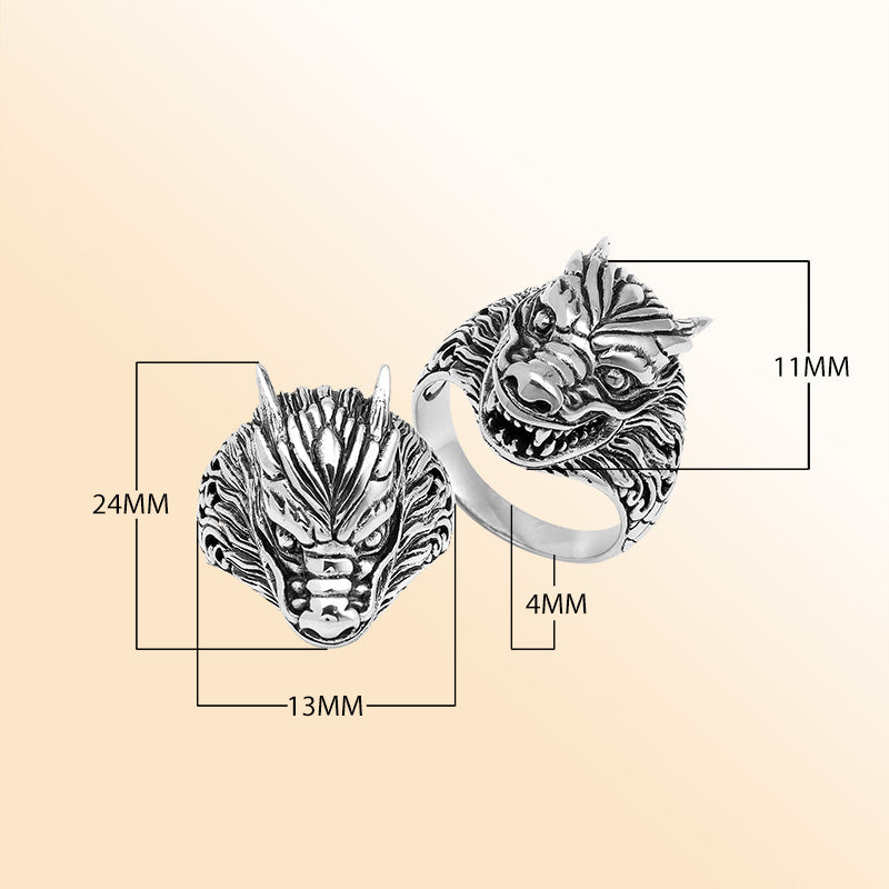 Handcrafted sterling silver dragon head statement ring with detailed Balinese carvings and oxidized finish – bold mythical artisan jewelry for men and women.