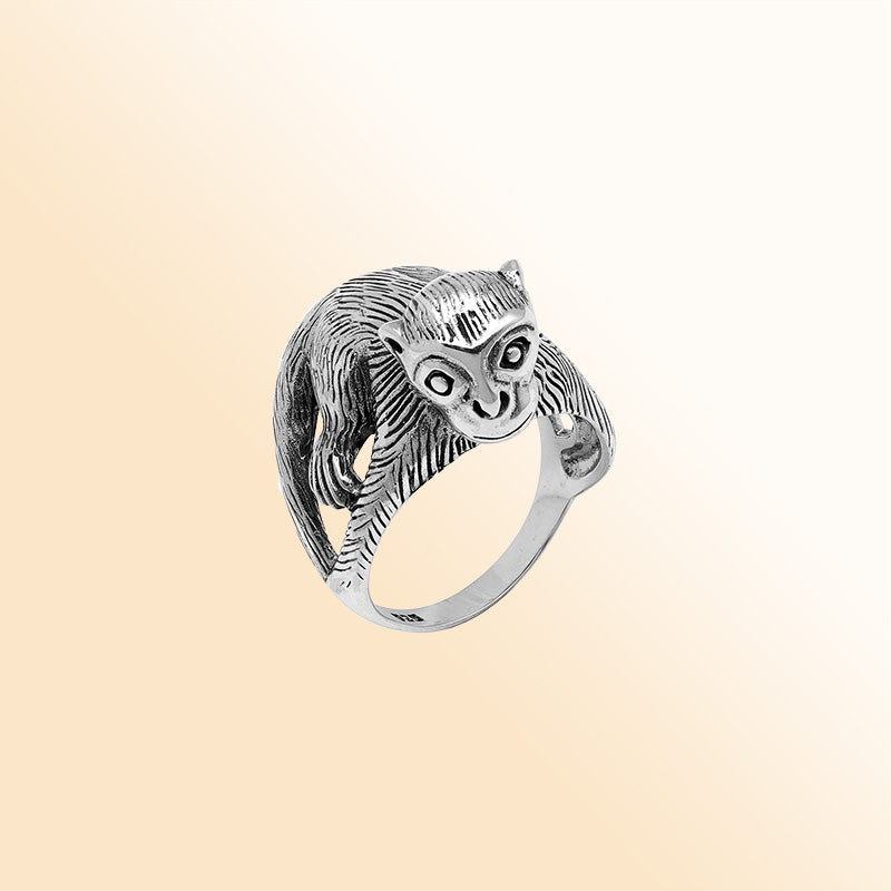 Handcrafted sterling silver monkey design ring with detailed Balinese artistry and oxidized finish – playful animal-inspired boho jewelry for men and women.
