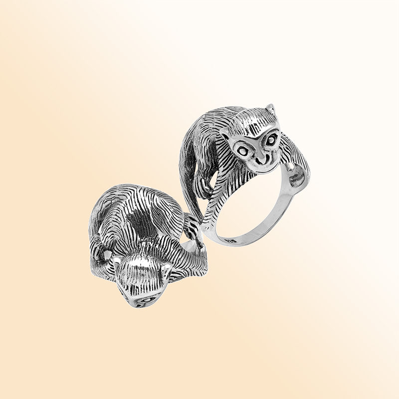 Handcrafted sterling silver monkey design ring with detailed Balinese artistry and oxidized finish – playful animal-inspired boho jewelry for men and women.