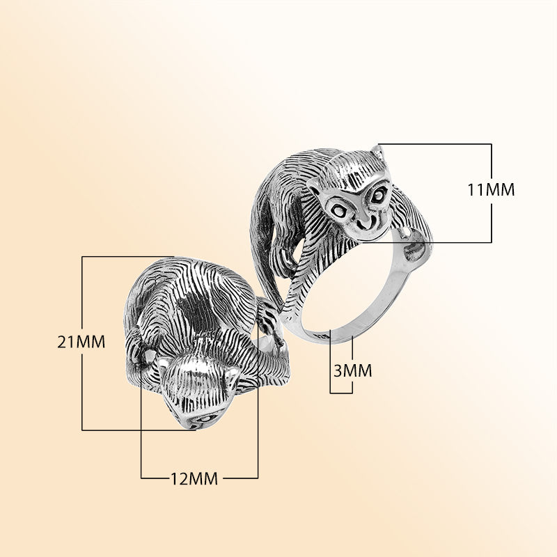 Handcrafted sterling silver monkey design ring with detailed Balinese artistry and oxidized finish – playful animal-inspired boho jewelry for men and women.