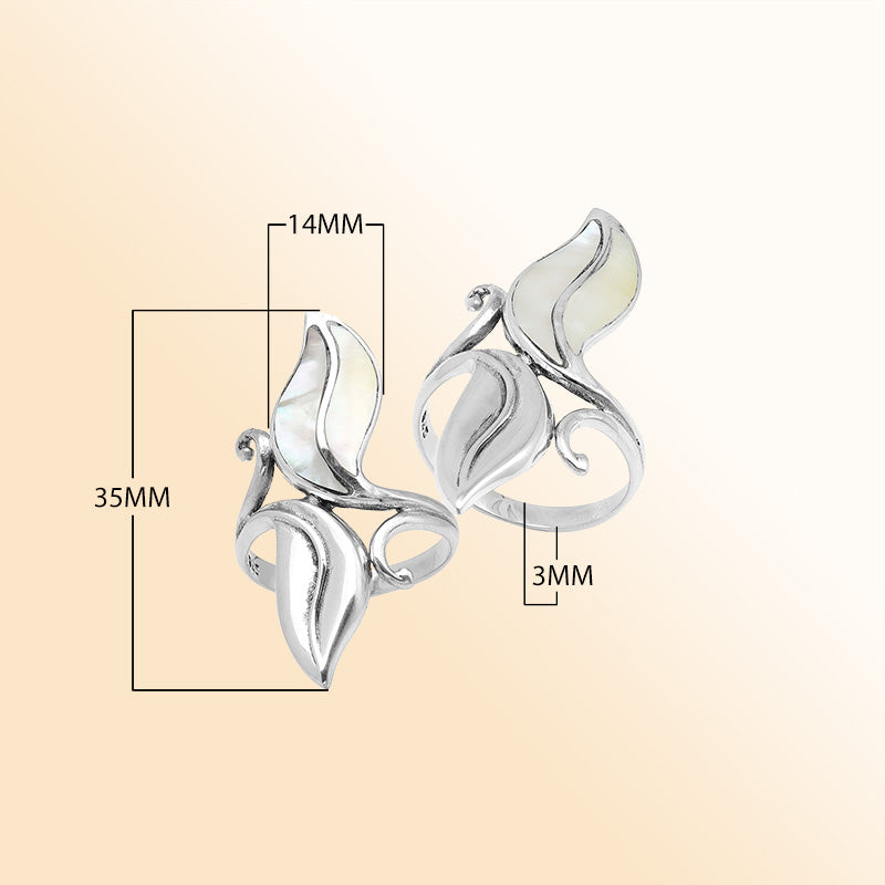 Handcrafted sterling silver leaf ring with luminous Mother Of Pearl inlay – elegant boho Balinese jewelry for women.