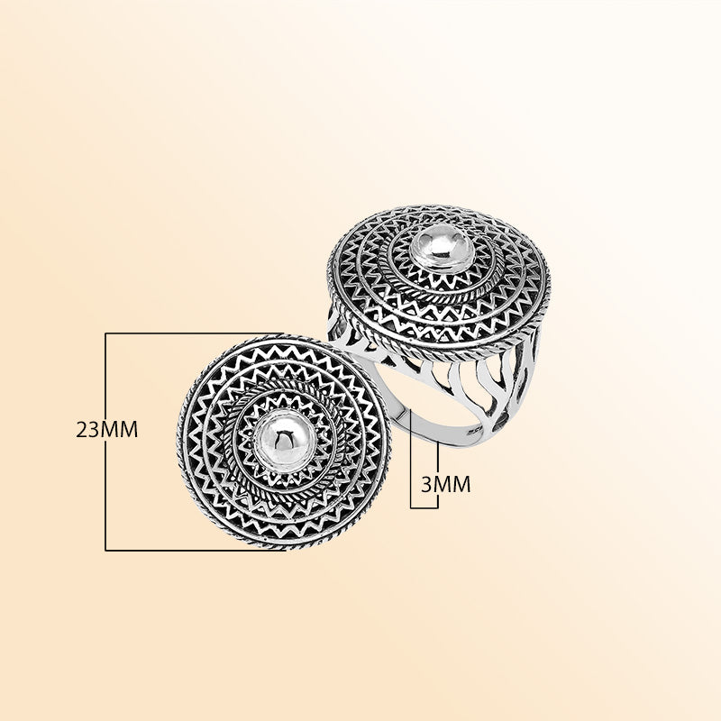 Handcrafted sterling silver mandala statement ring with intricate round geometric design and oxidized finish – unique boho artisan jewelry for women.