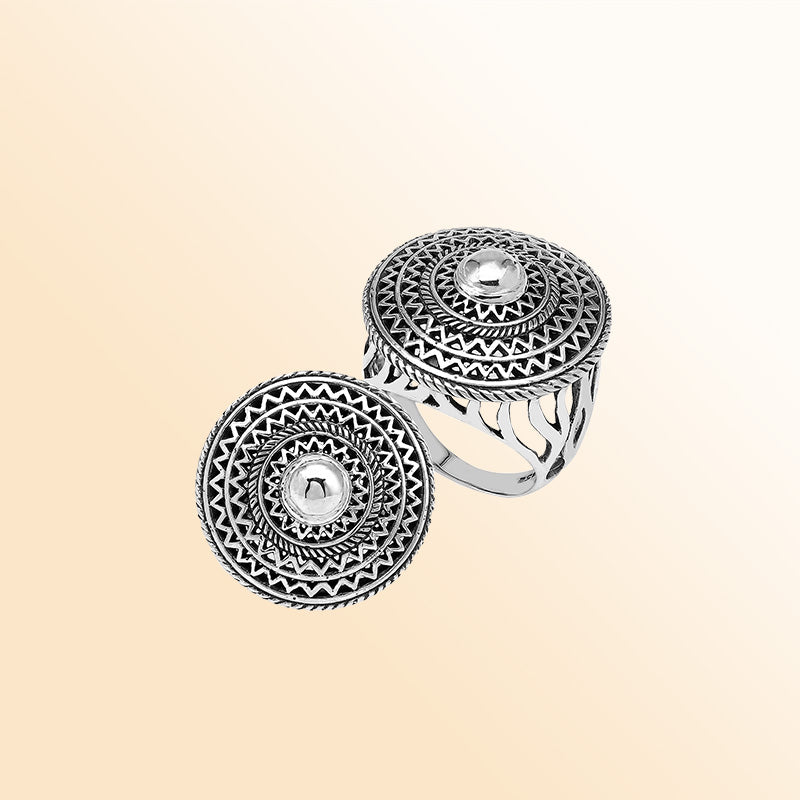 Handcrafted sterling silver mandala statement ring with intricate round geometric design and oxidized finish – unique boho artisan jewelry for women.
