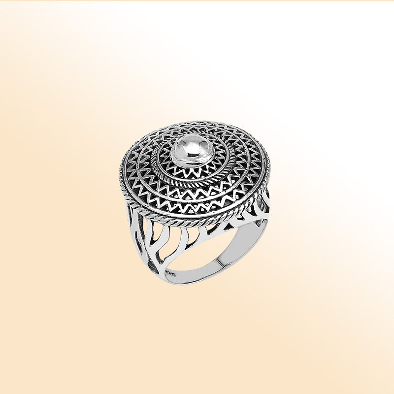 Handcrafted sterling silver mandala statement ring with intricate round geometric design and oxidized finish – unique boho artisan jewelry for women.