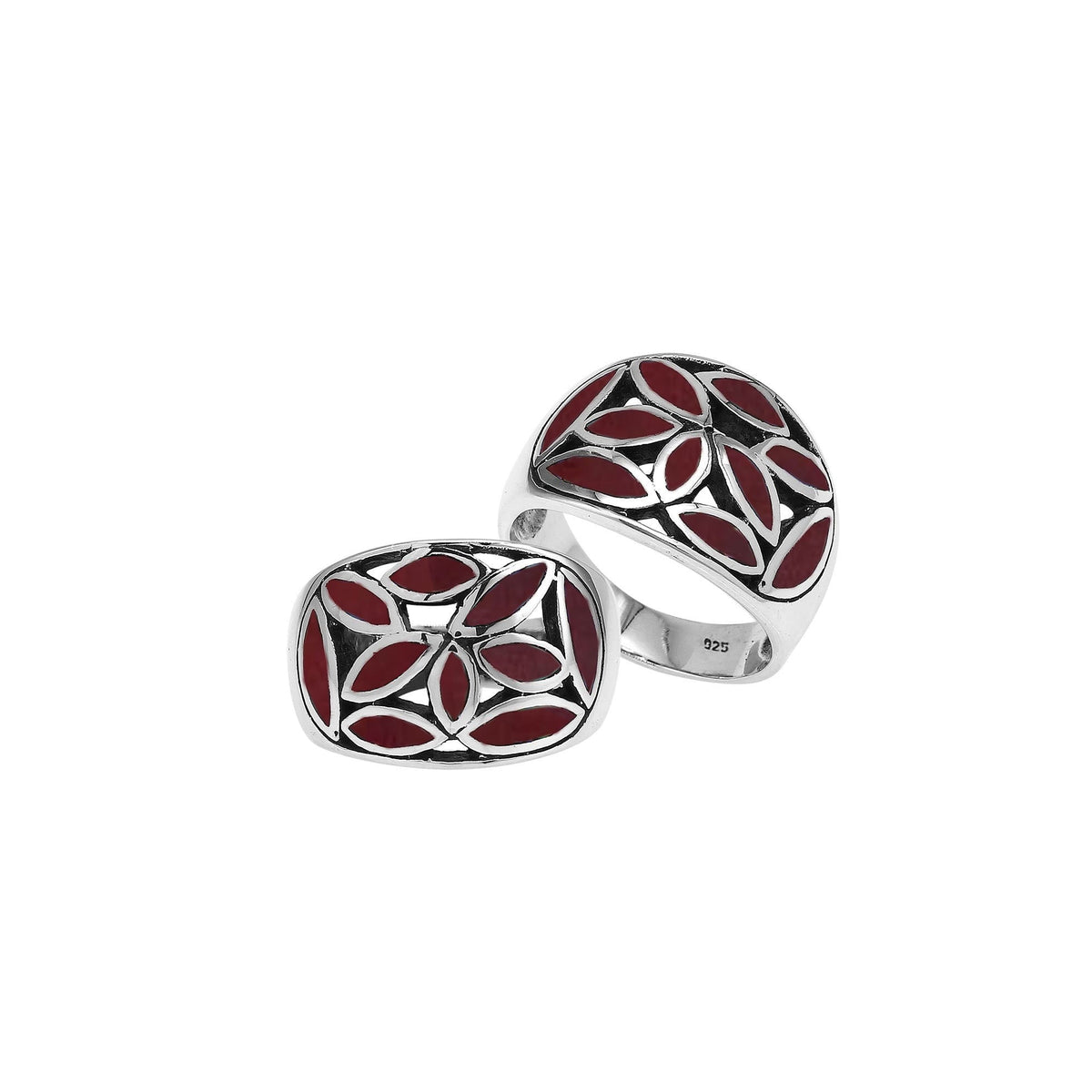 Handcrafted Sterling Silver wide band ring with vibrant Red Coral Inlay, bold artisan jewelry with mosaic design.