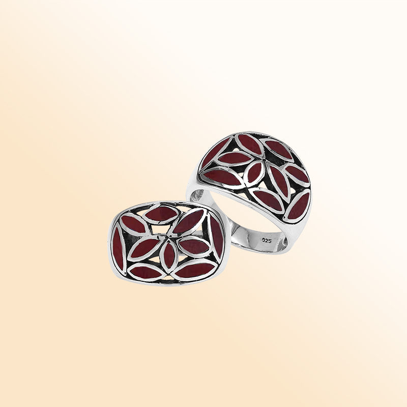 Handcrafted Sterling Silver wide band ring with vibrant Red Coral Inlay, bold artisan jewelry with mosaic design.