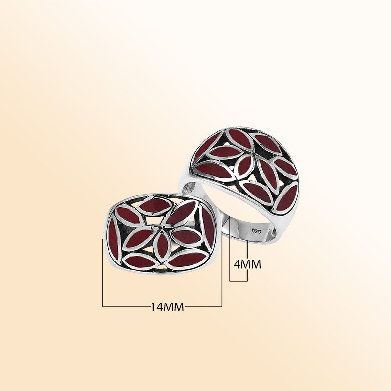 Handcrafted Sterling Silver wide band ring with vibrant Red Coral Inlay, bold artisan jewelry with mosaic design.