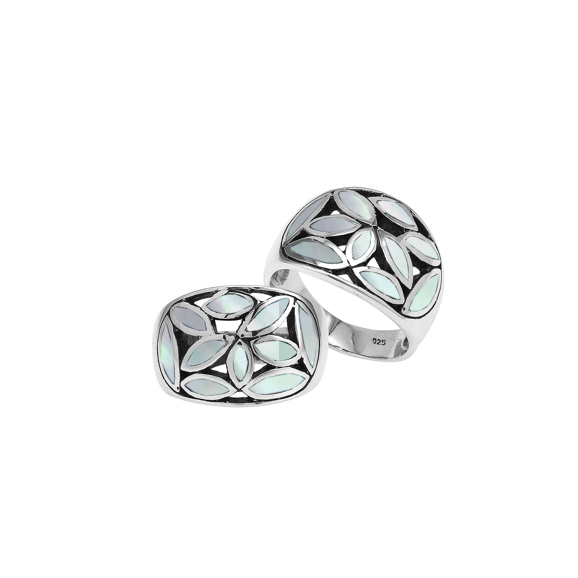 Handcrafted Sterling Silver wide band ring with Luminous Mother of Pearl Inlay, elegant artisan jewelry with mosaic design.